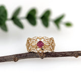 Vintage Filigree Ruby Ring in 14K Yellow Gold w Diamond Accents