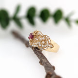 Vintage Filigree Ruby Ring in 14K Yellow Gold w Diamond Accents
