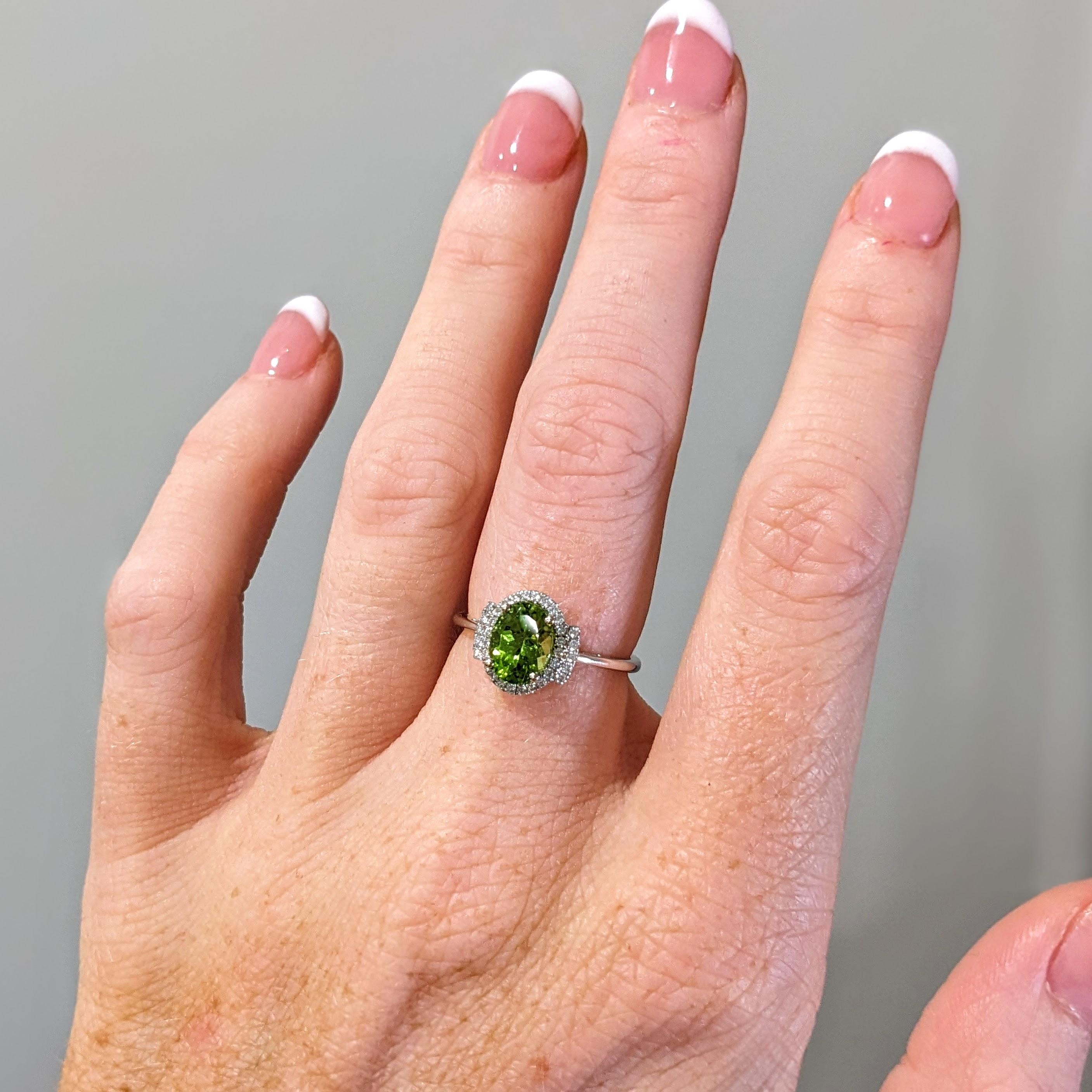 1.3ct Peridot Ring w Earth Mined Diamonds in Solid 14K White Gold | Oval 8x6mm