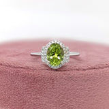 1.3ct Peridot Ring w Earth Mined Diamonds in Solid 14K White Gold | Oval 8x6mm