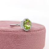 1.3ct Peridot Ring w Earth Mined Diamonds in Solid 14K White Gold | Oval 8x6mm