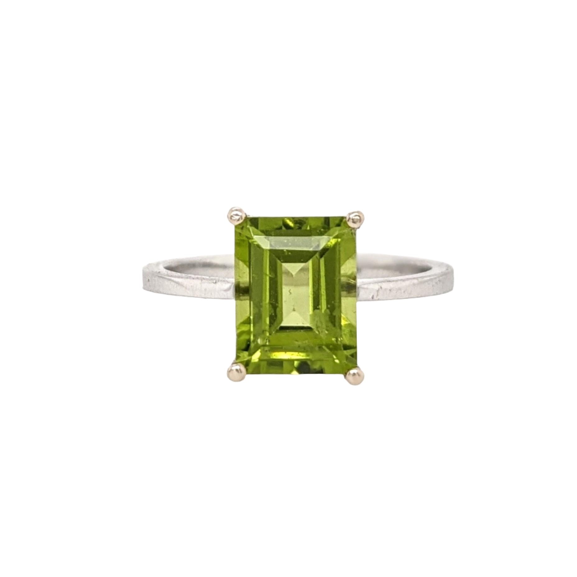 2.7ct Peridot Ring in Solid 14K White Gold | Emerald Cut 9x7mm | Solitaire Ring