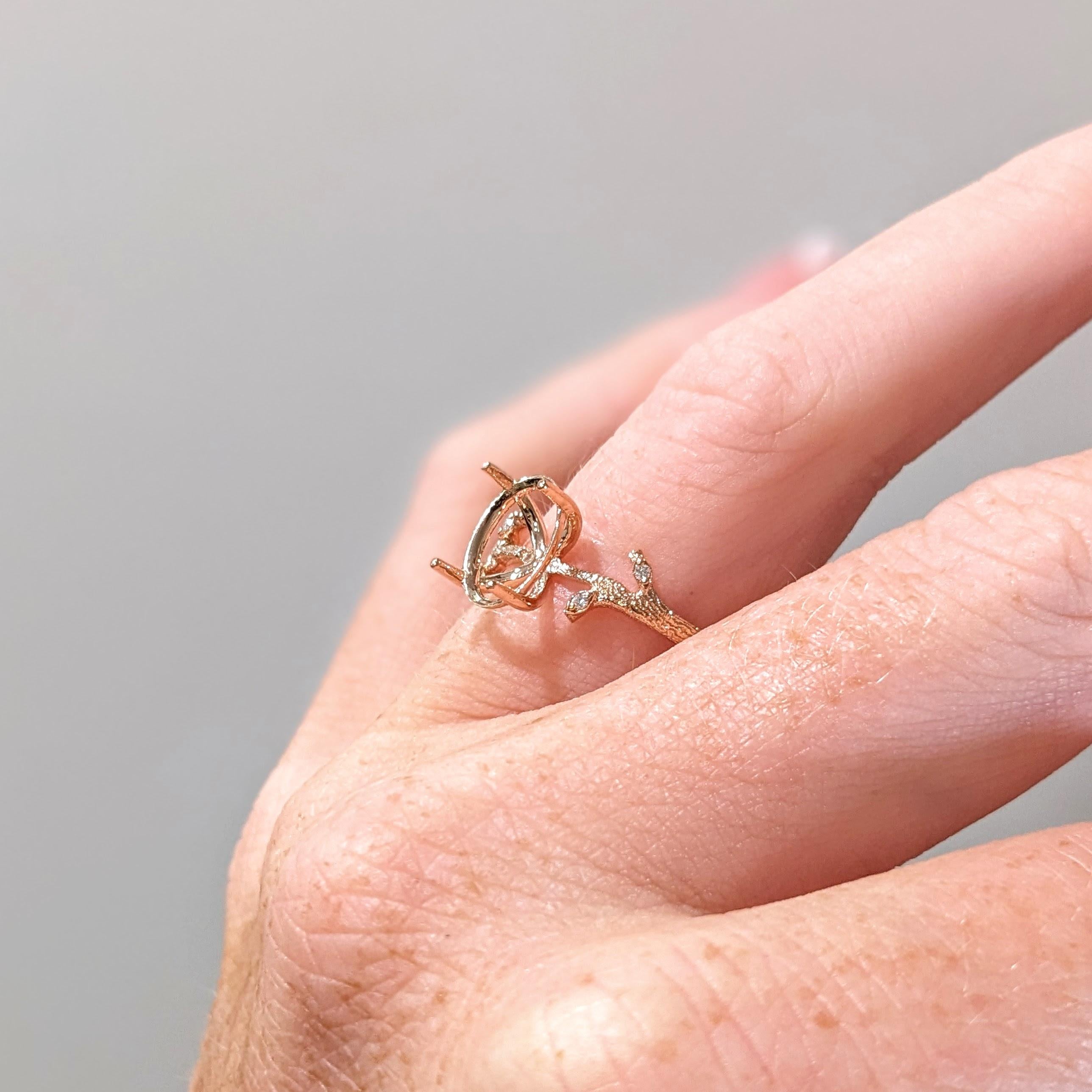 Ring Semi Mount w Earth Mined Diamonds in Solid 14K Gold | Oval 10x7.5mm