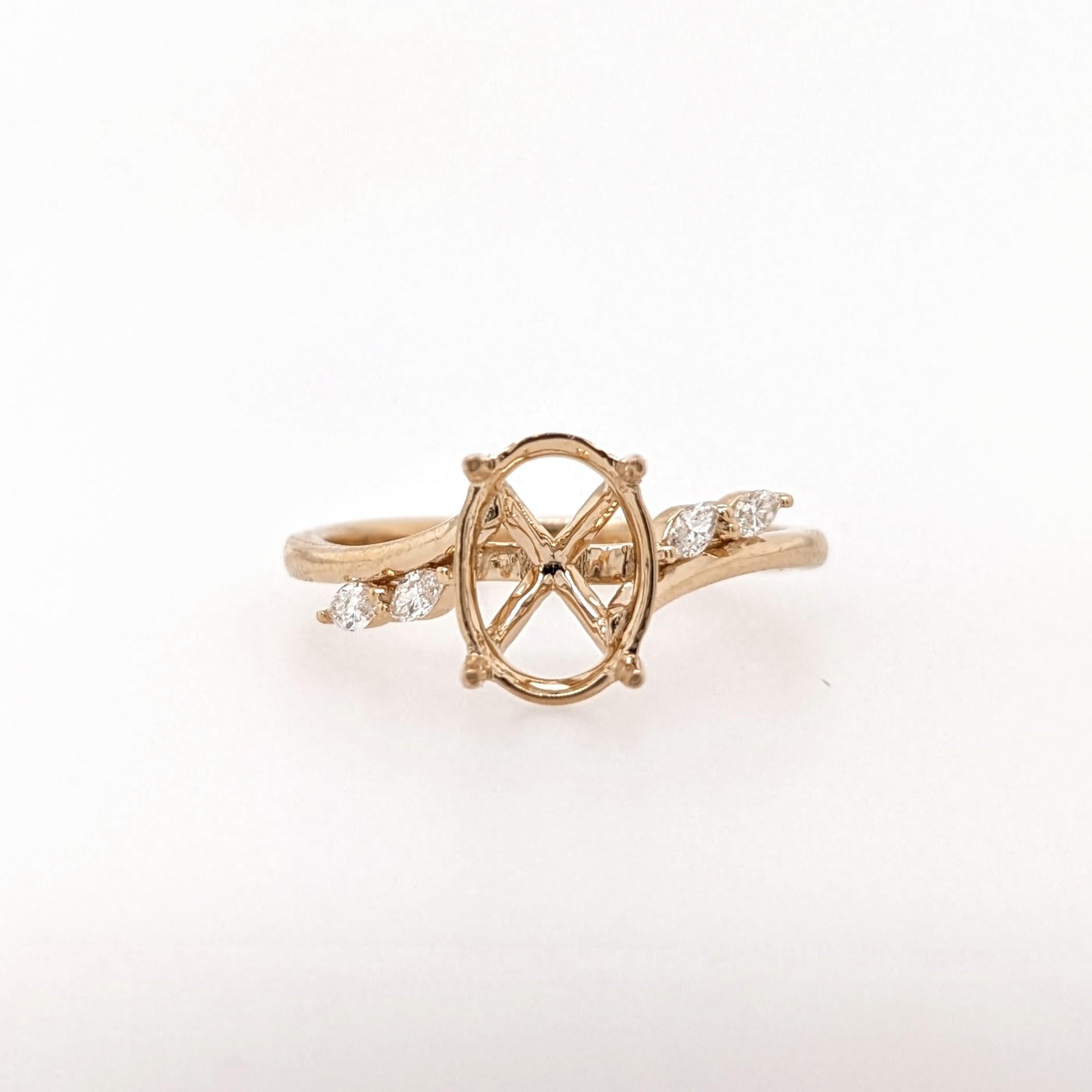 Ring Semi Mount w Earth Mined Diamonds in Solid 14K Gold | Oval 9x7mm