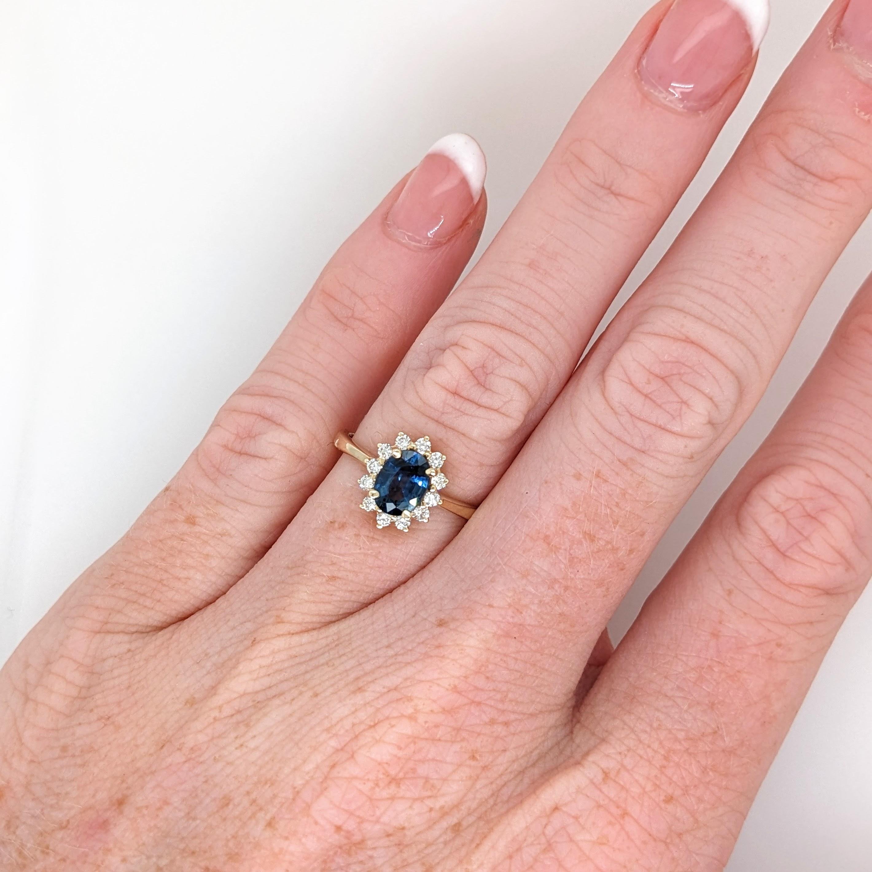 Blue Sapphire Ring w Earth Mined Diamonds in Solid 14K Yellow Gold | Oval 7x5mm