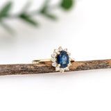 Blue Sapphire Ring w Earth Mined Diamonds in Solid 14K Yellow Gold | Oval 7x5mm