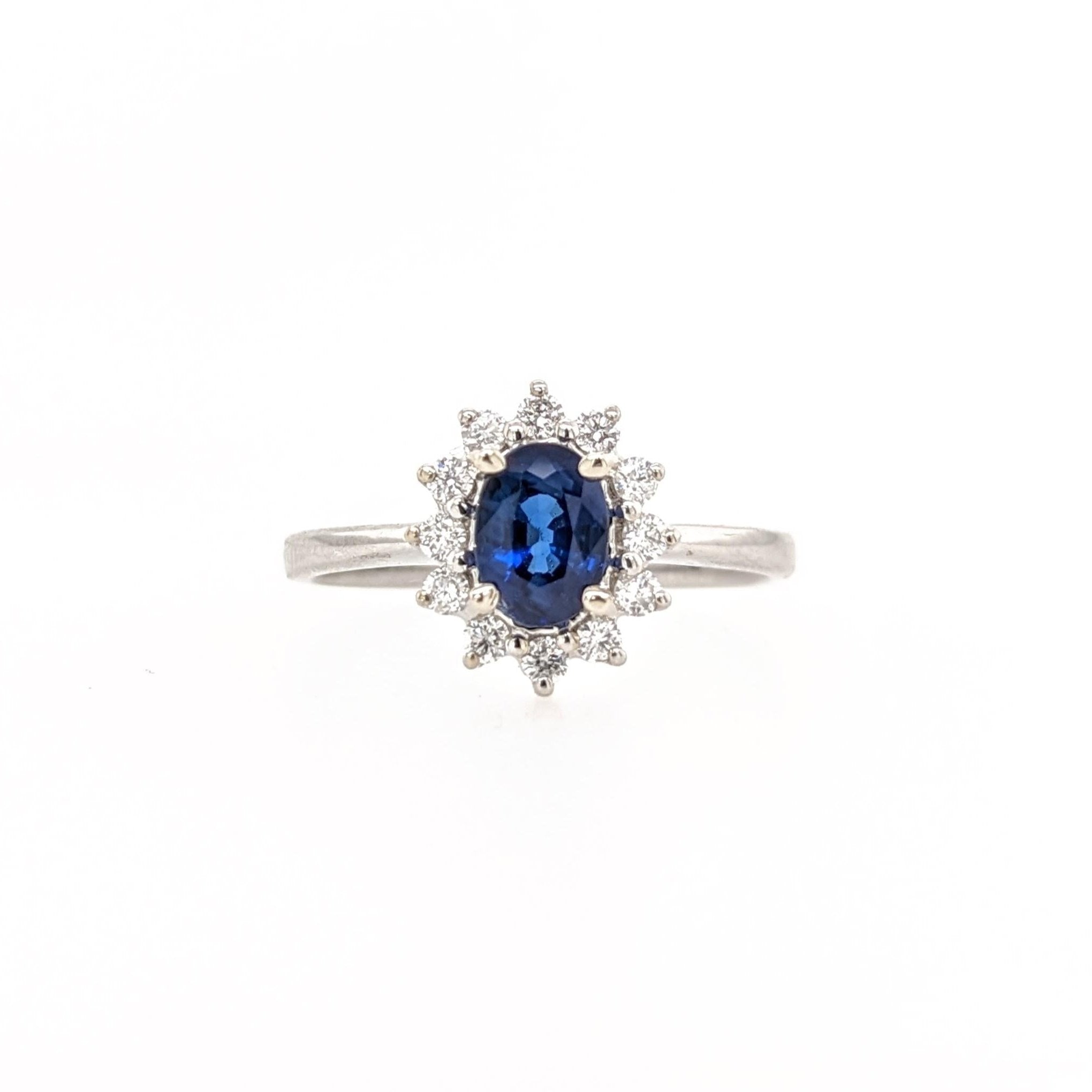 Sapphire Ring w Earth Mined Diamonds in Solid 14K White Gold | Oval 7x5mm