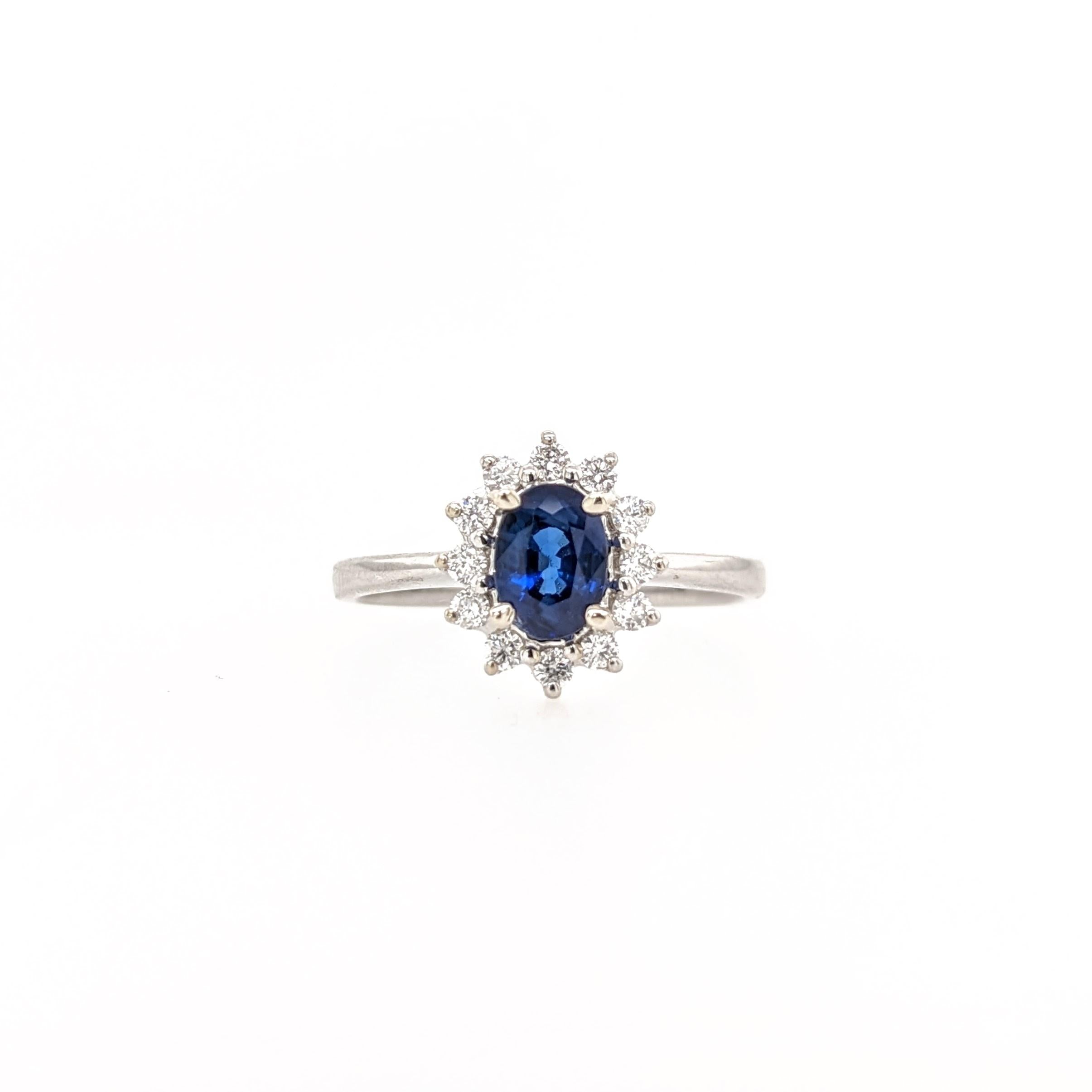 Sapphire Ring w Earth Mined Diamonds in Solid 14K White Gold | Oval 7x5mm