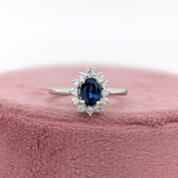 Sapphire Ring w Earth Mined Diamonds in Solid 14K White Gold | Oval 7x5mm