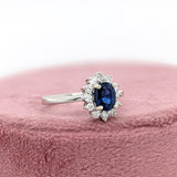 Sapphire Ring w Earth Mined Diamonds in Solid 14K White Gold | Oval 7x5mm