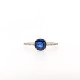 Blue Sapphire Ring w Earth Mined Diamonds in Solid 14K White Gold | Round 6mm