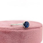 Blue Sapphire Ring w Earth Mined Diamonds in Solid 14K White Gold | Round 6mm