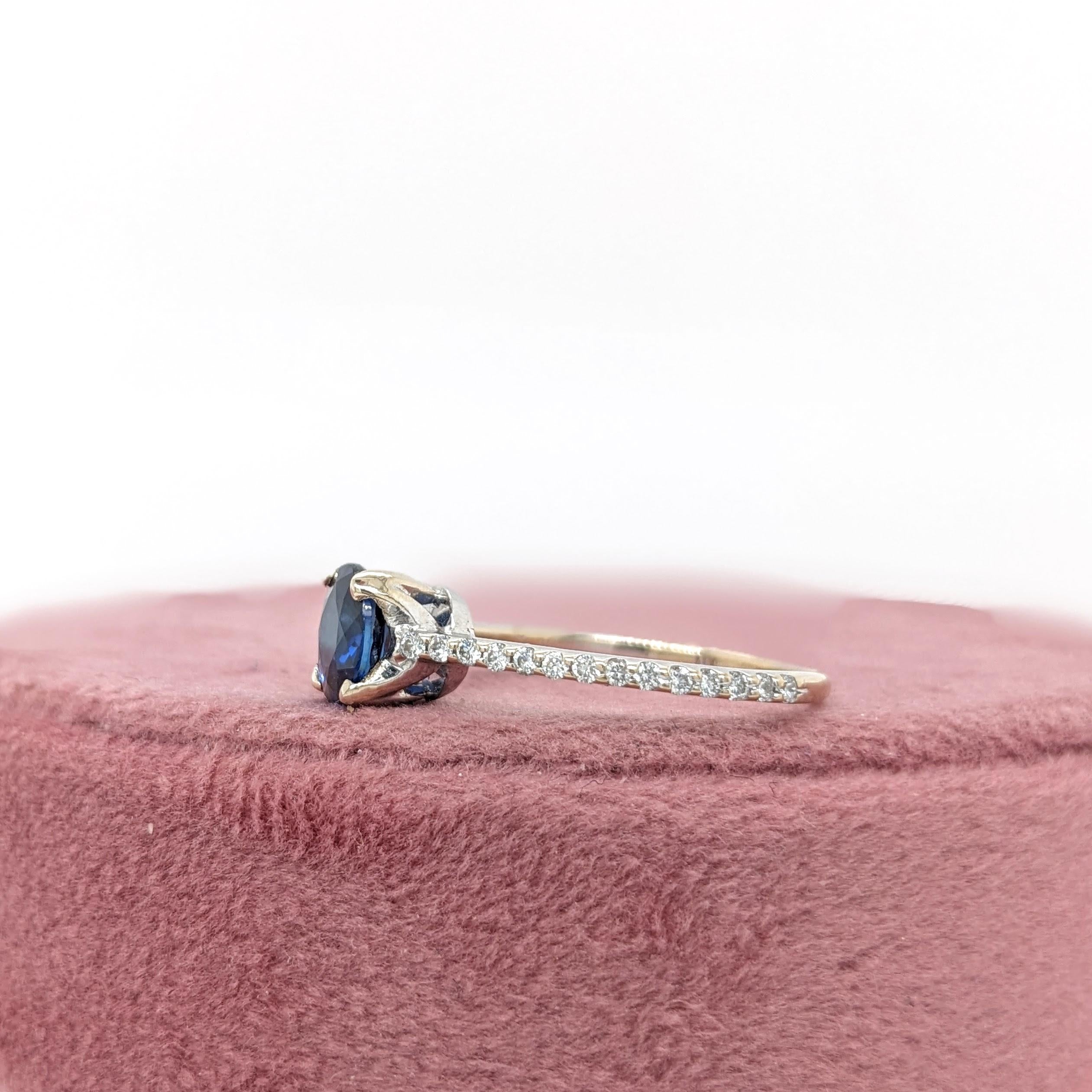 Blue Sapphire Ring w Earth Mined Diamonds in Solid 14K White Gold | Round 6mm