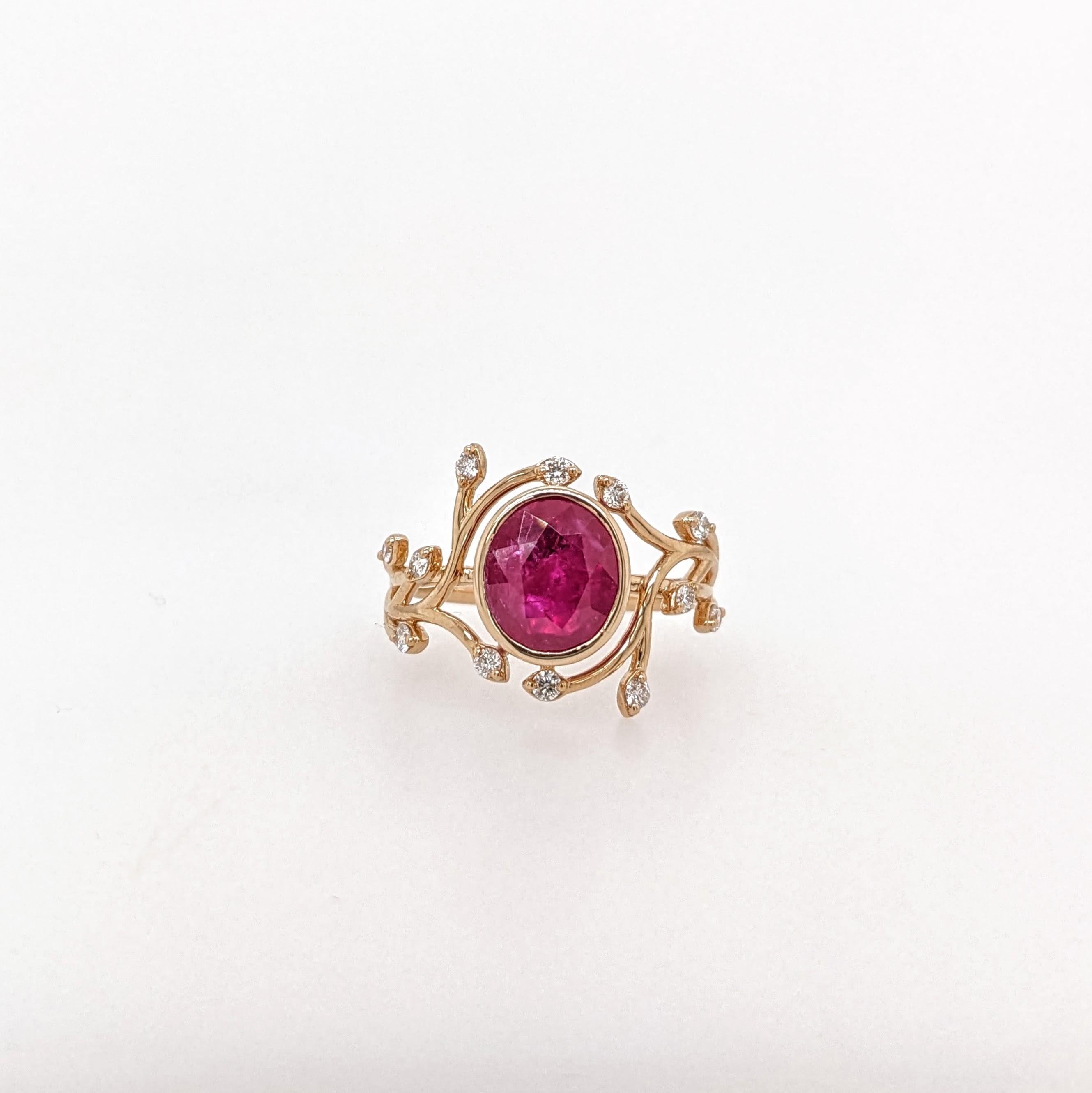 2.5ct Burma Ruby Vine Ring w Earth Mined Diamonds in Solid 14K Gold | Oval 9x8mm