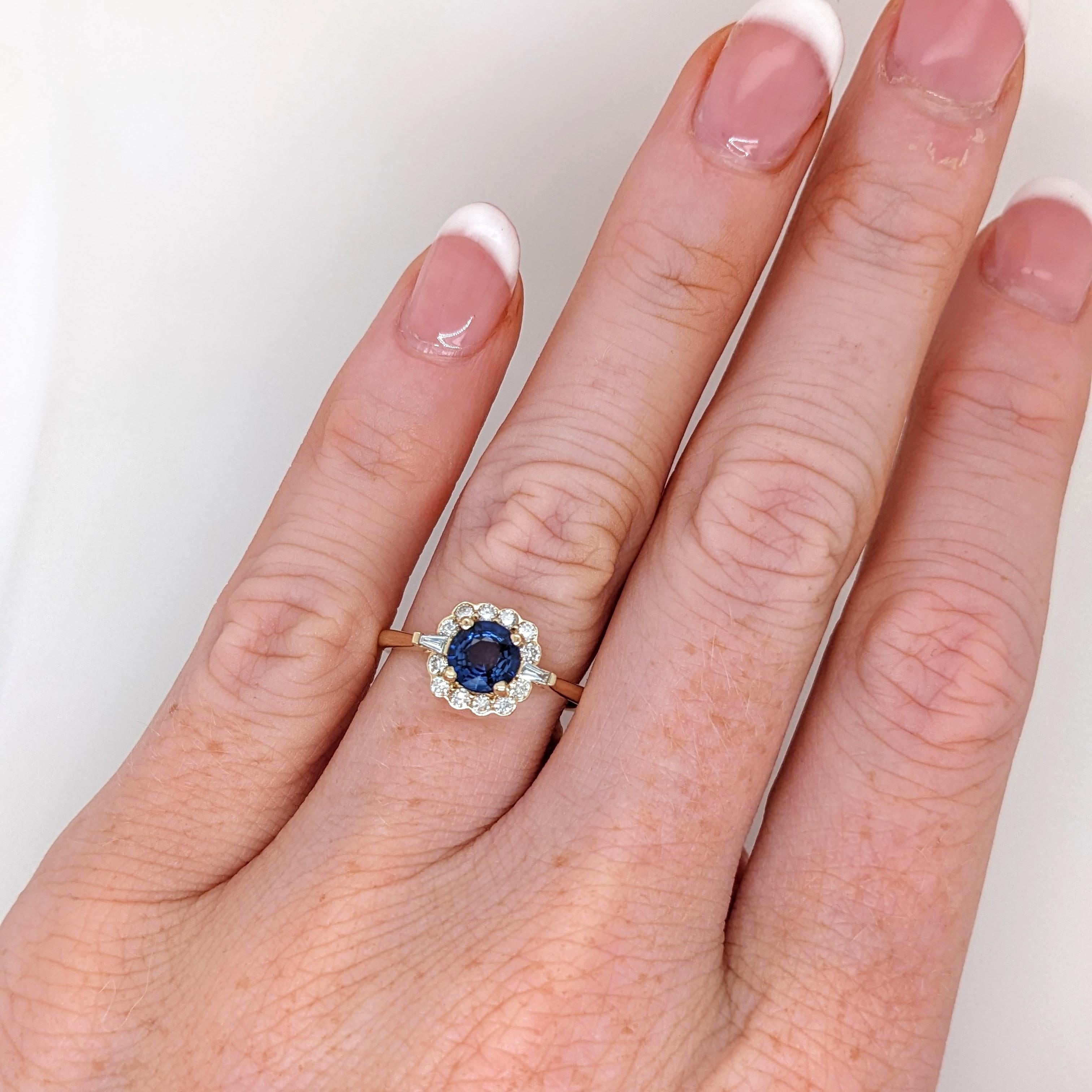 Blue Sapphire Ring w Earth Mined Diamonds in Solid 14K White Gold | EM 5mm