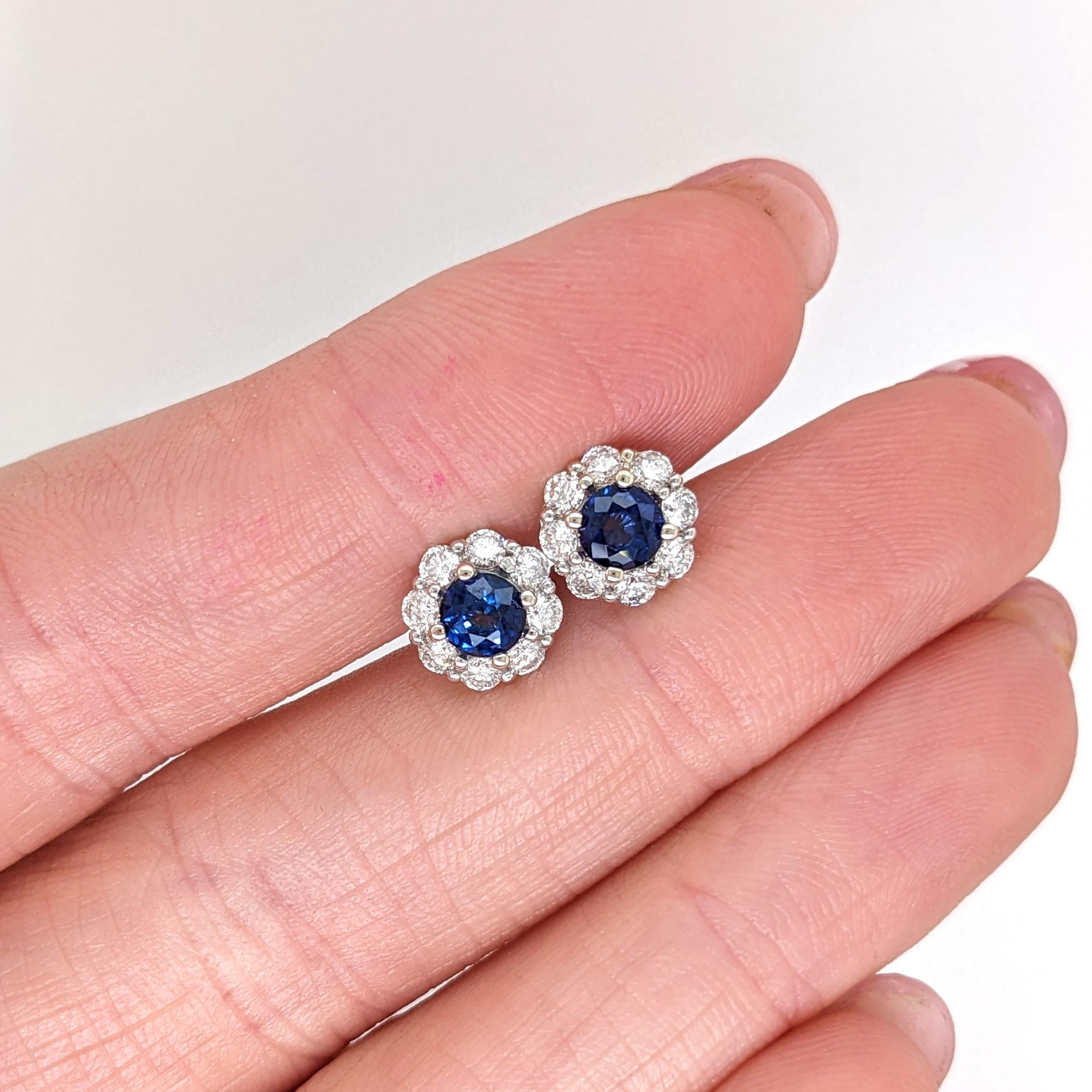 Blue Sapphire Stud Earrings w Earth Mined Diamonds in Solid 14K Gold | Round 4mm