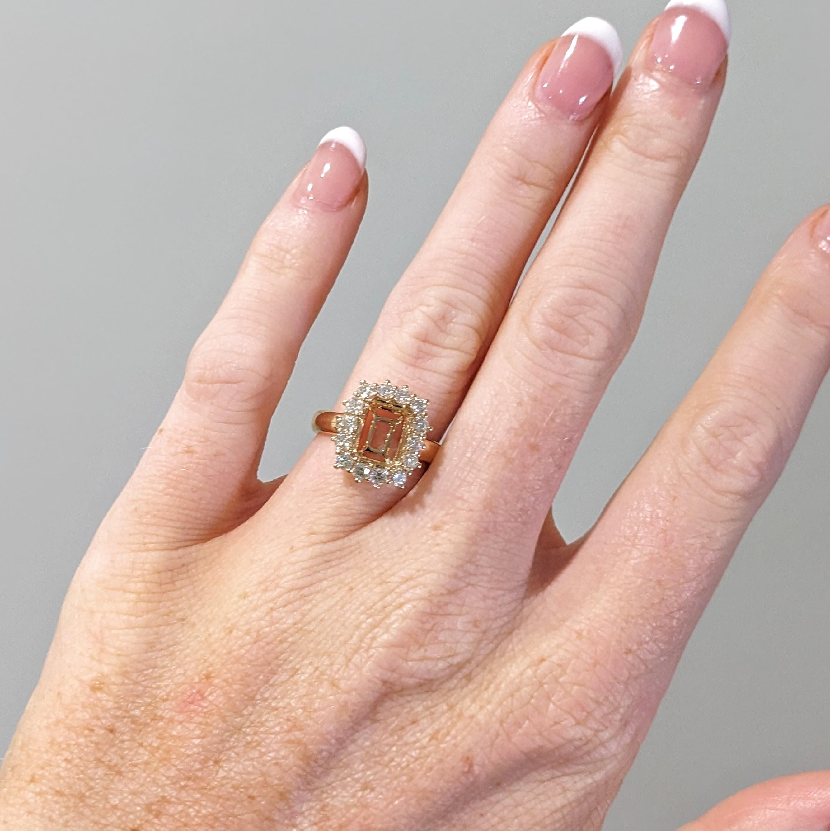 Ring Semi Mount w Earth Mined Diamonds in Solid 18K Gold | Emerald cut 9x7mm