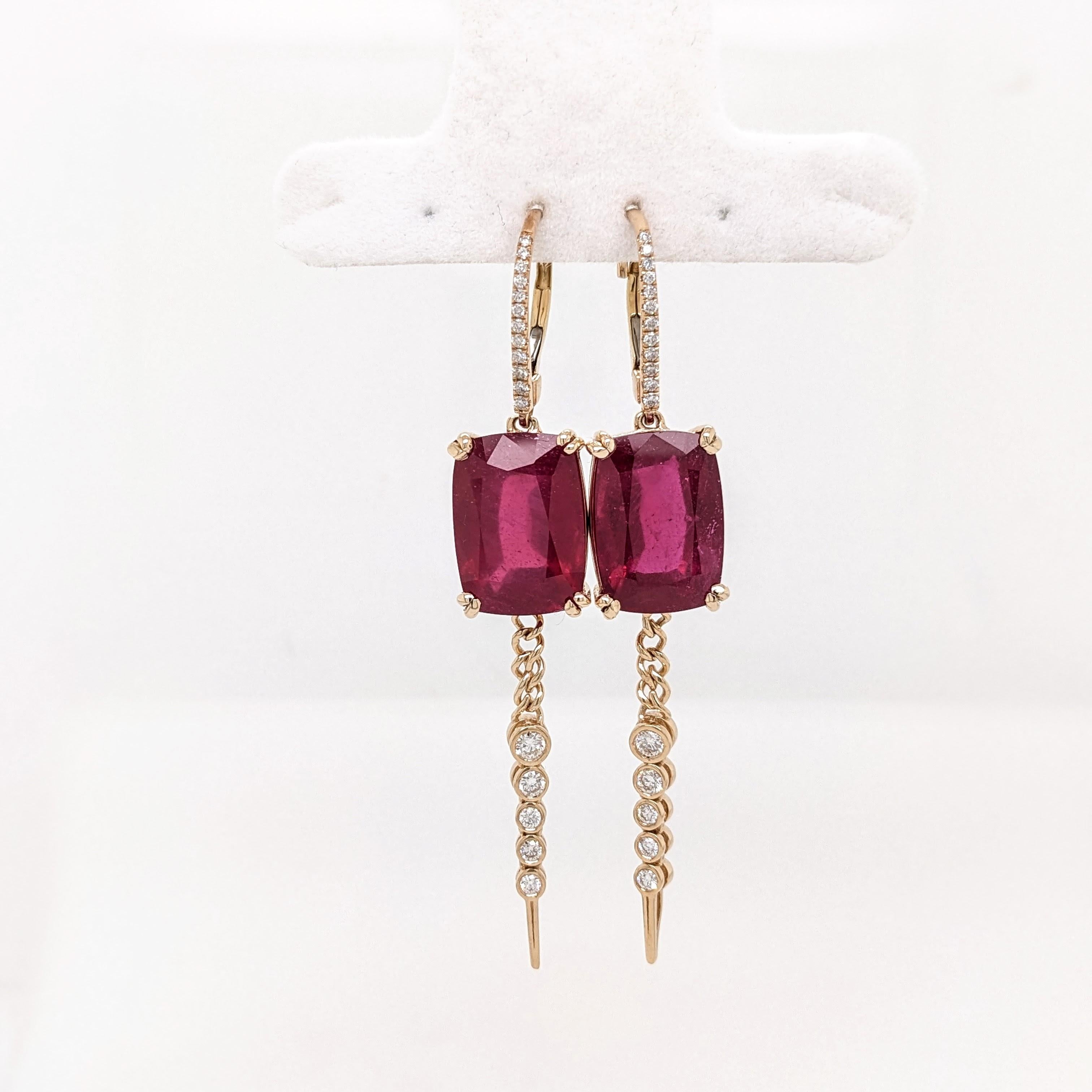 Ruby Dangle Earrings w Earth Mined Diamonds in Solid 14K Gold | Cushion 14x10mm