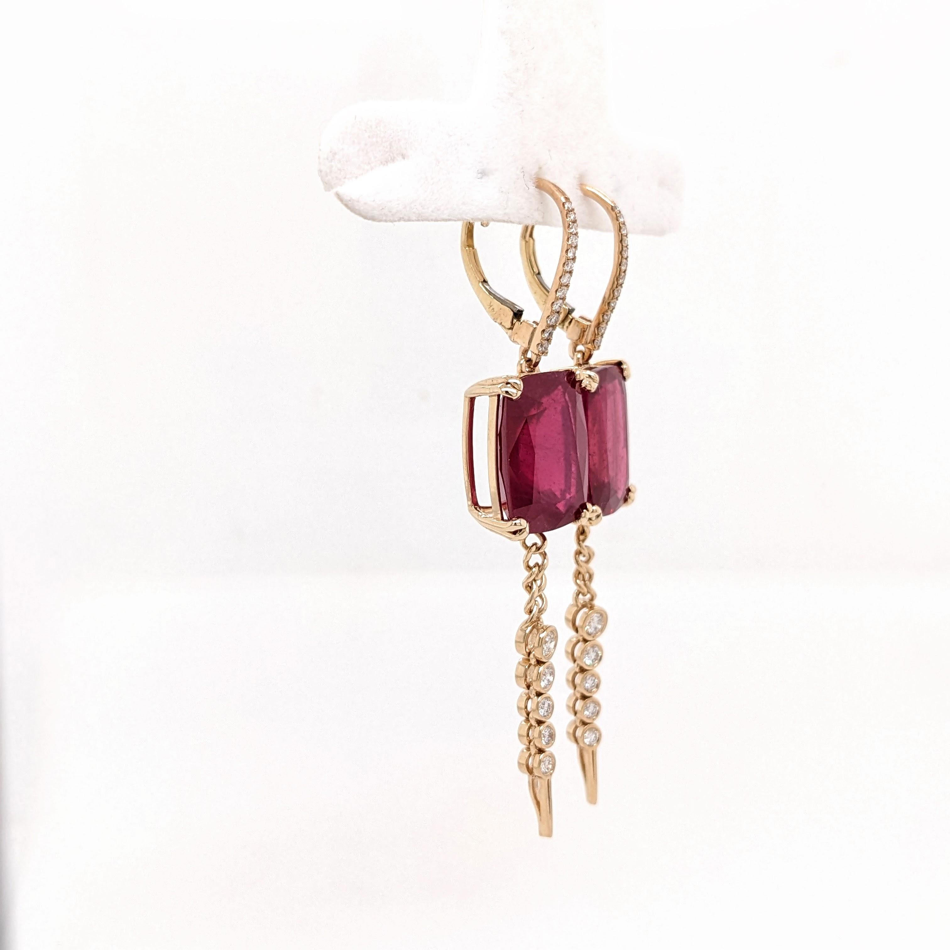 Ruby Dangle Earrings w Earth Mined Diamonds in Solid 14K Gold | Cushion 14x10mm