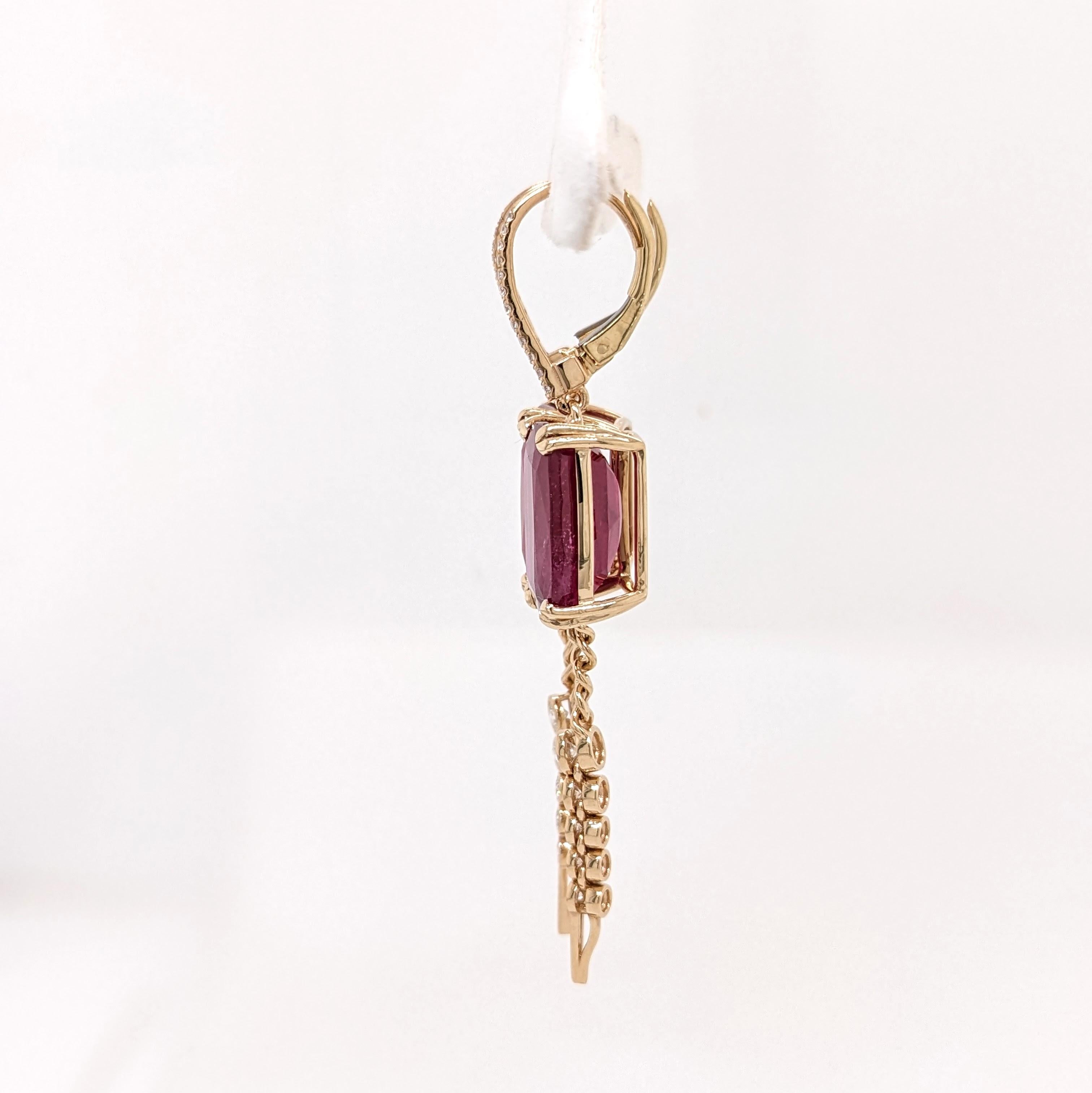 Ruby Dangle Earrings w Earth Mined Diamonds in Solid 14K Gold | Cushion 14x10mm