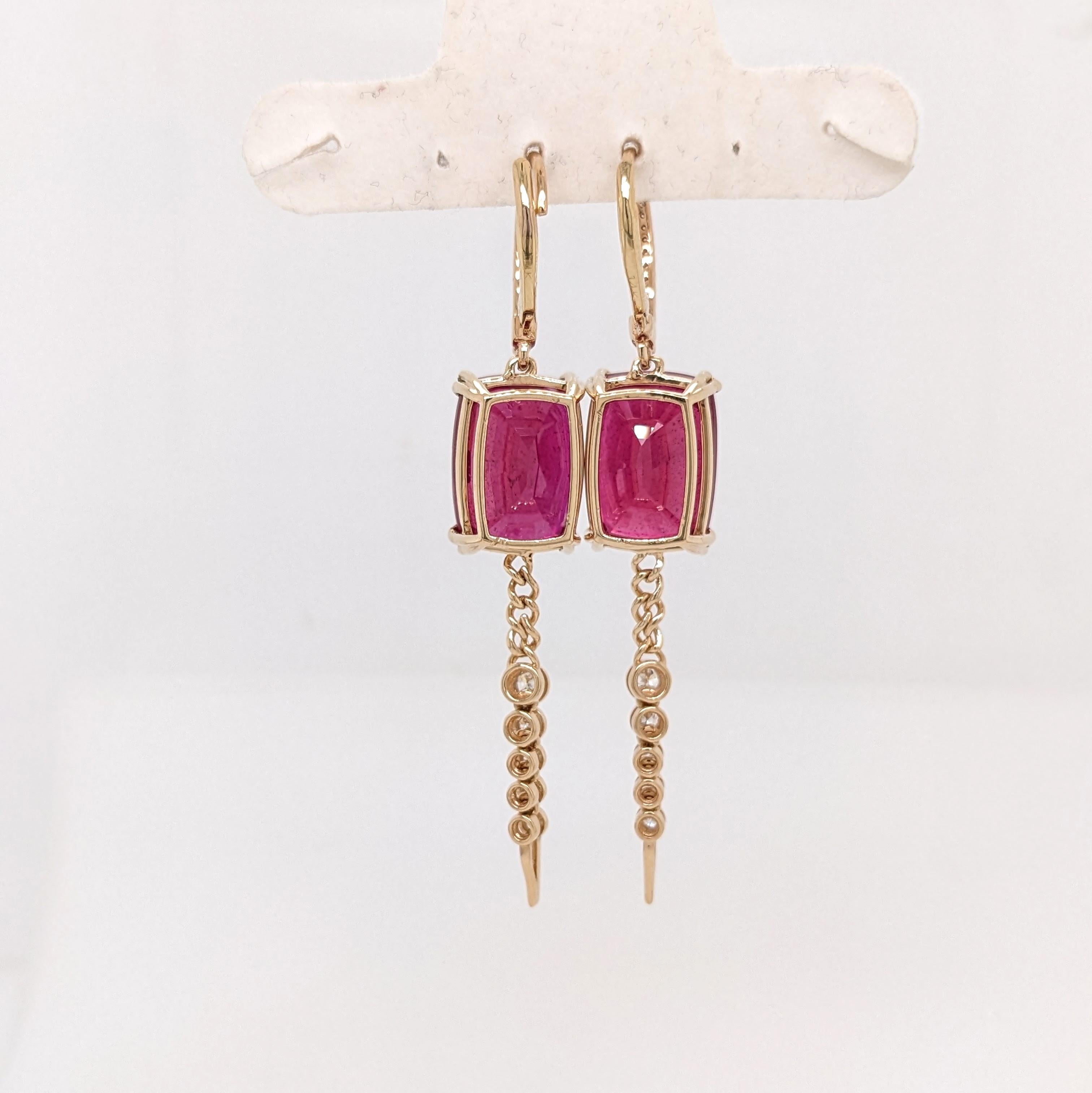 Ruby Dangle Earrings w Earth Mined Diamonds in Solid 14K Gold | Cushion 14x10mm