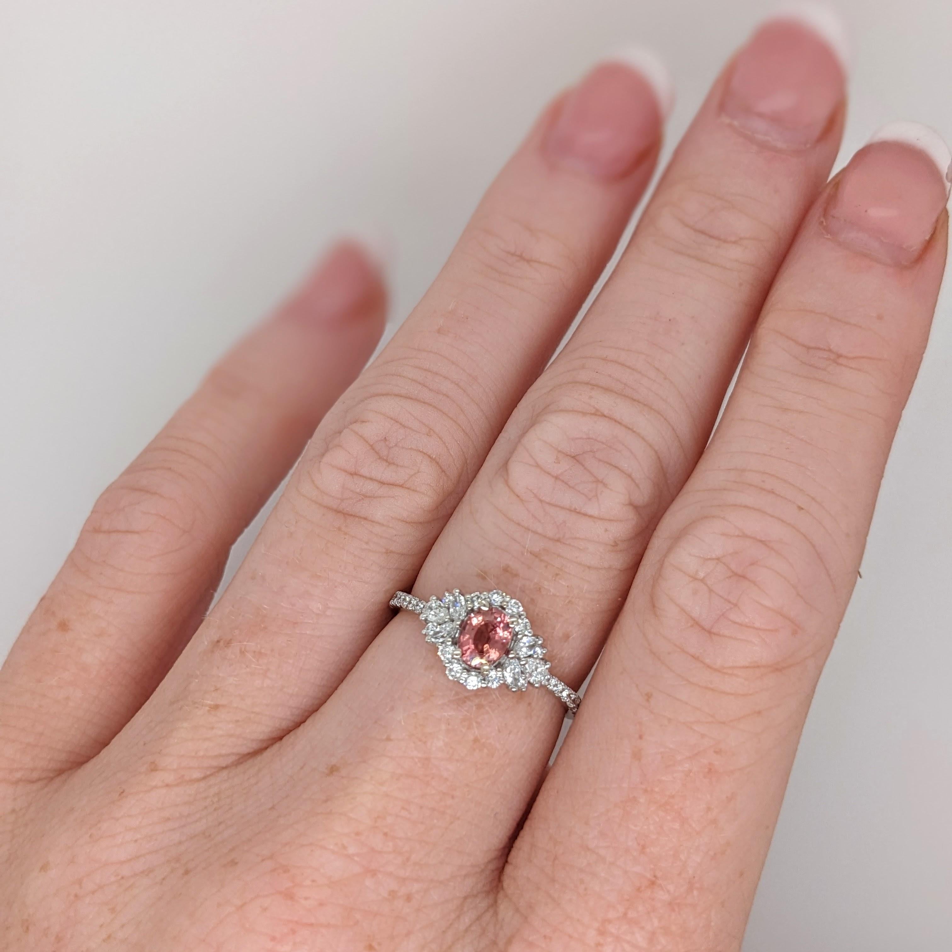 Padparadscha Sapphire Ring w Earth Mined Diamonds in Solid 14K Gold | Oval 5x4