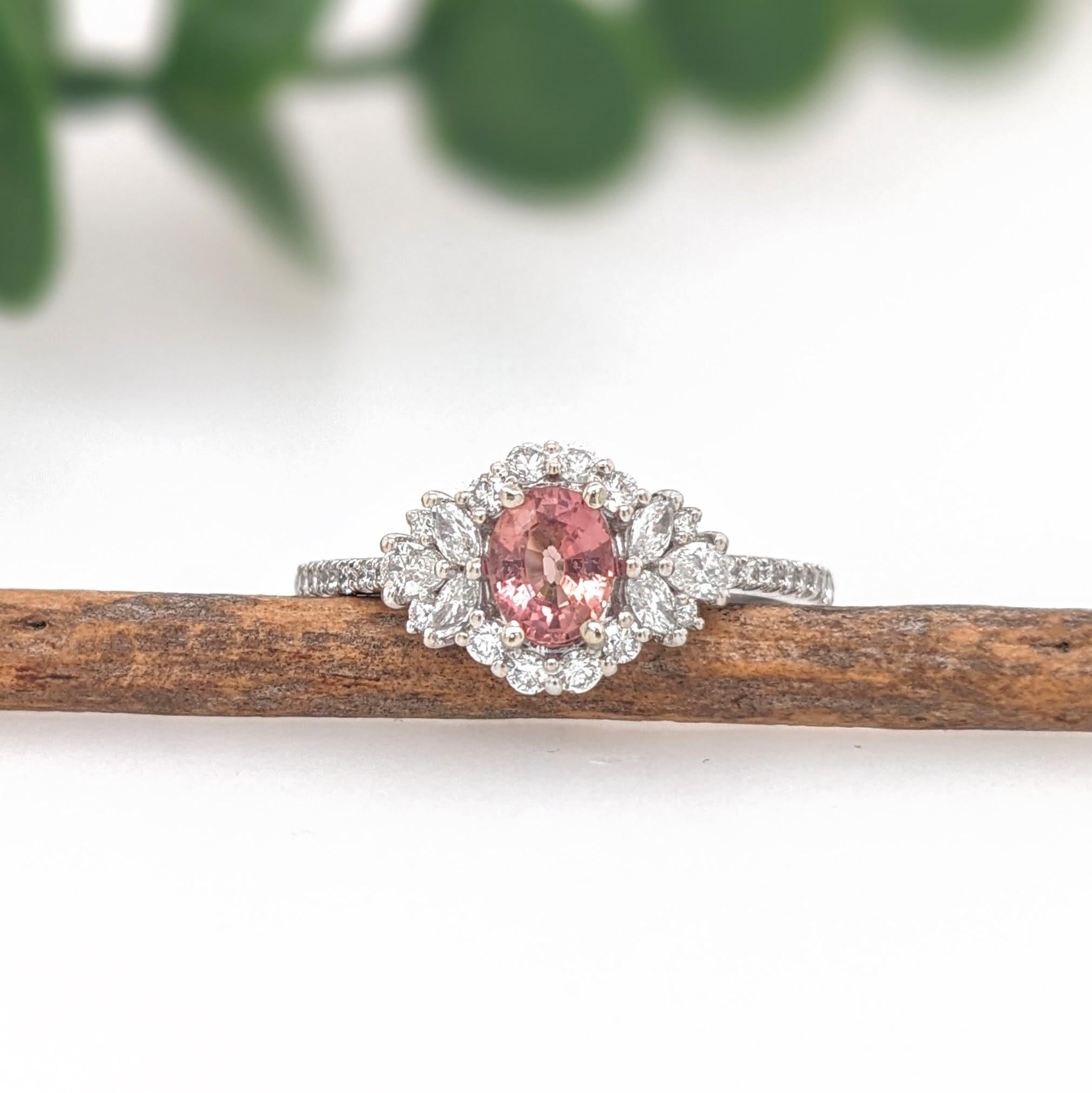 Padparadscha Sapphire Ring w Earth Mined Diamonds in Solid 14K Gold | Oval 5x4