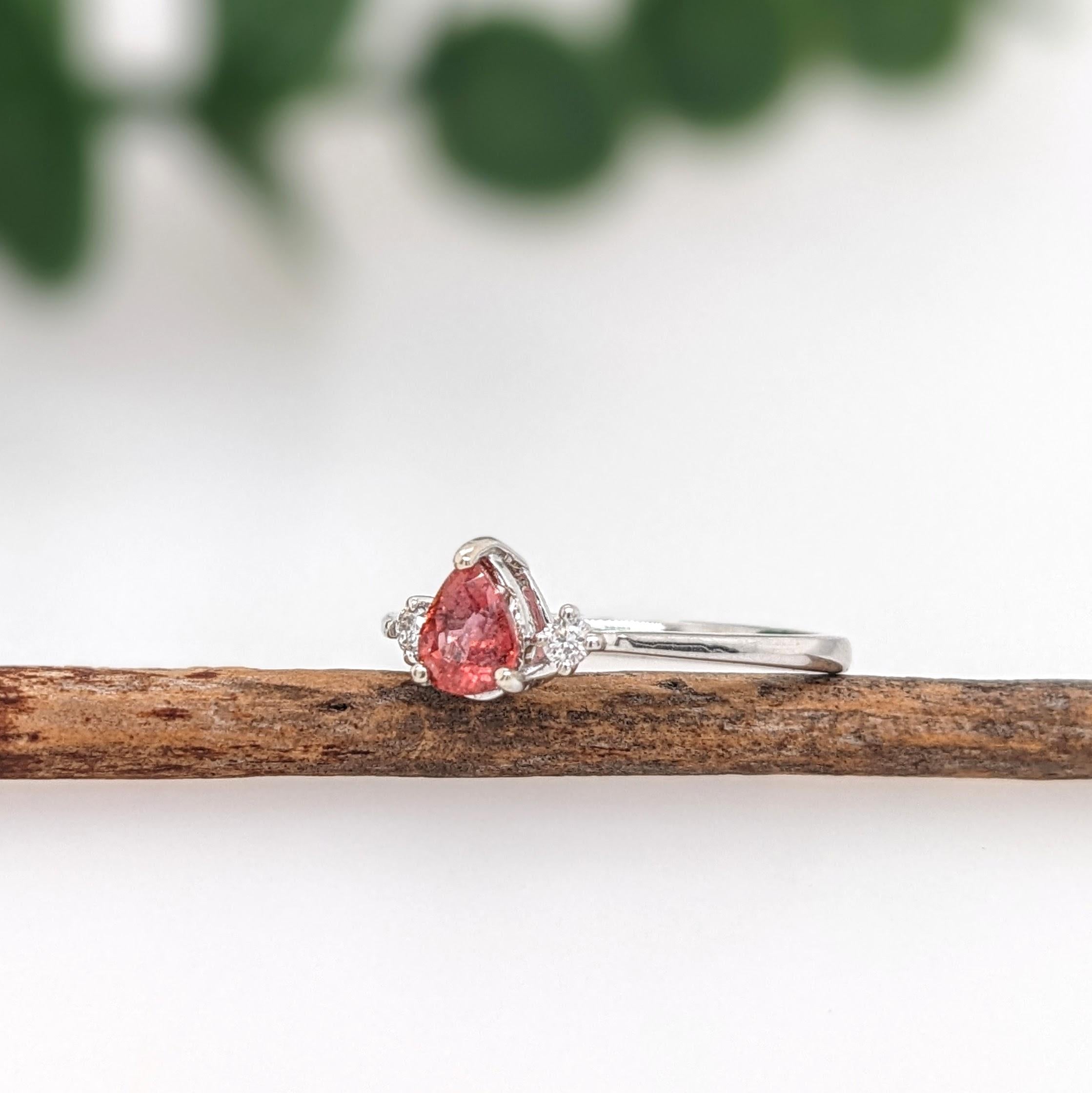 Padparadscha Sapphire Ring w Earth Mined Diamonds in Solid 14K Gold | Pear 6x4mm