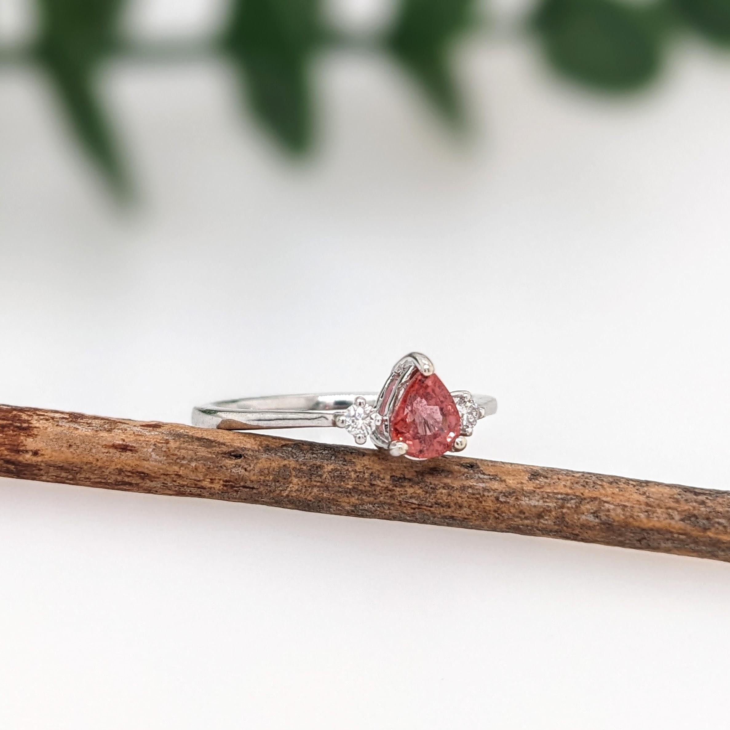 Padparadscha Sapphire Ring w Earth Mined Diamonds in Solid 14K Gold | Pear 6x4mm