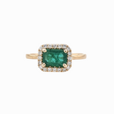 East West Emerald Ring w Earth Mined Diamonds in Solid 14K Gold | Emerald cut 7x5mm