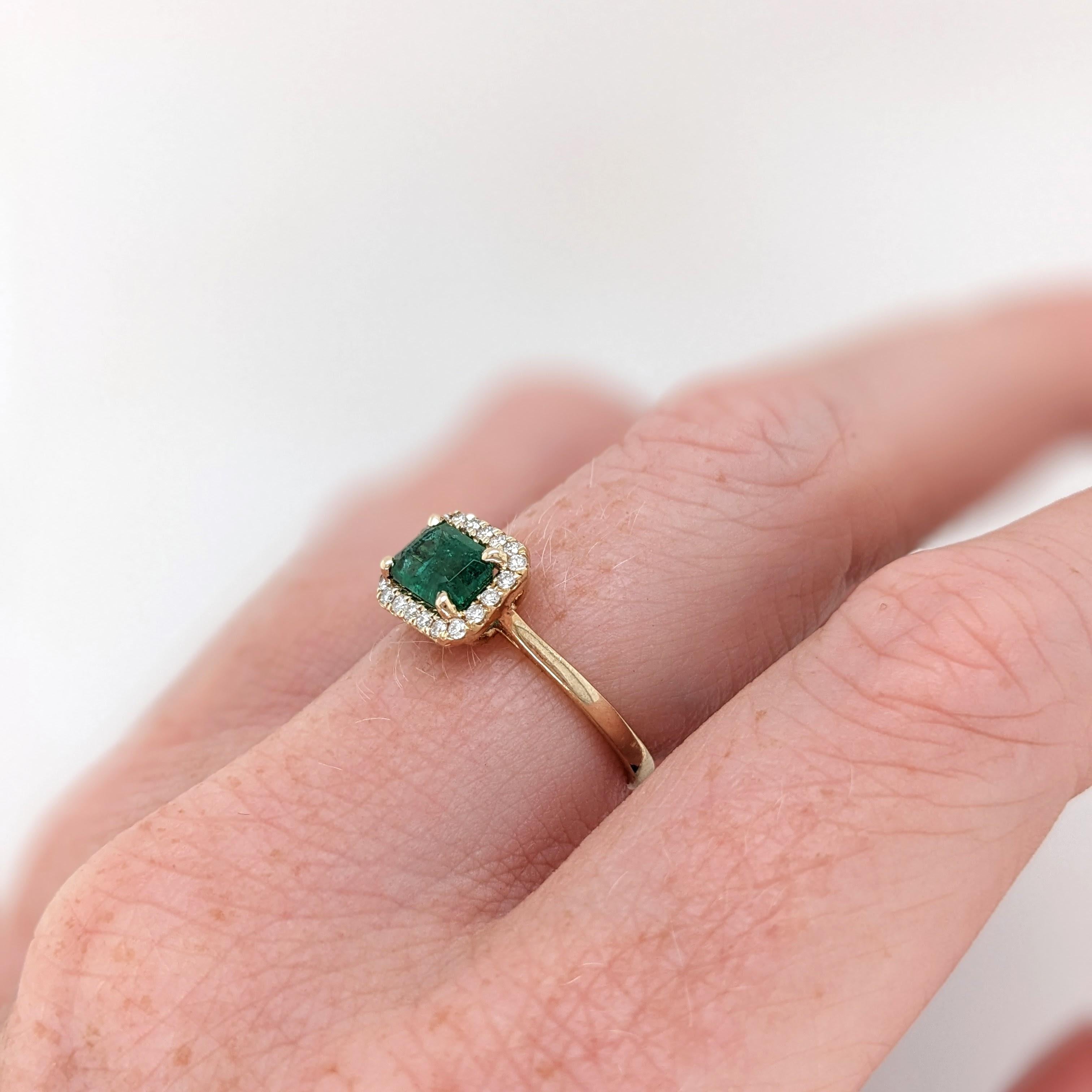 East West Emerald Ring w Earth Mined Diamonds in Solid 14K Gold | EM 7x5mm
