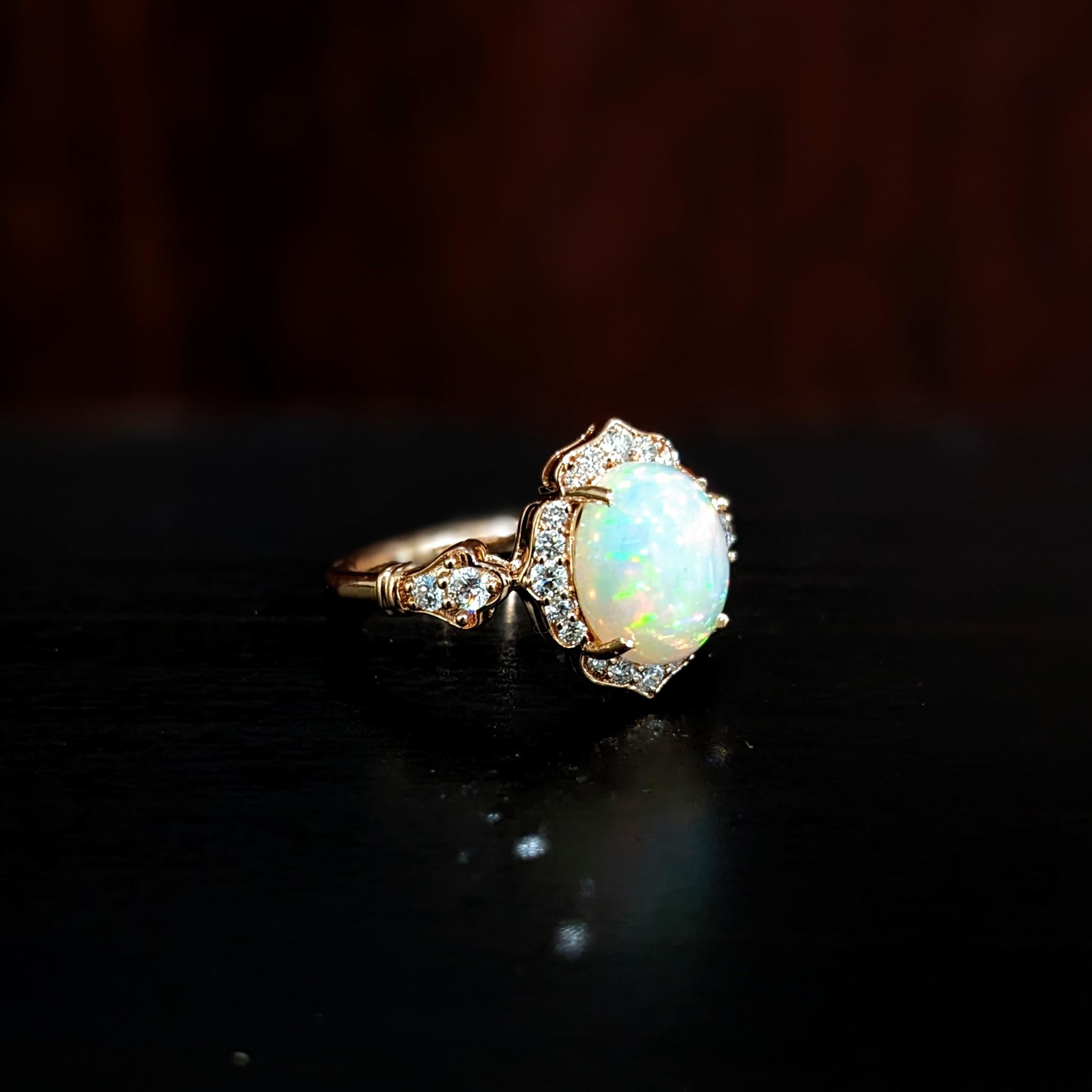 1.8ct Opal Ring w Earth Mined Diamonds in Solid 14K Gold | Oval 9x7mm