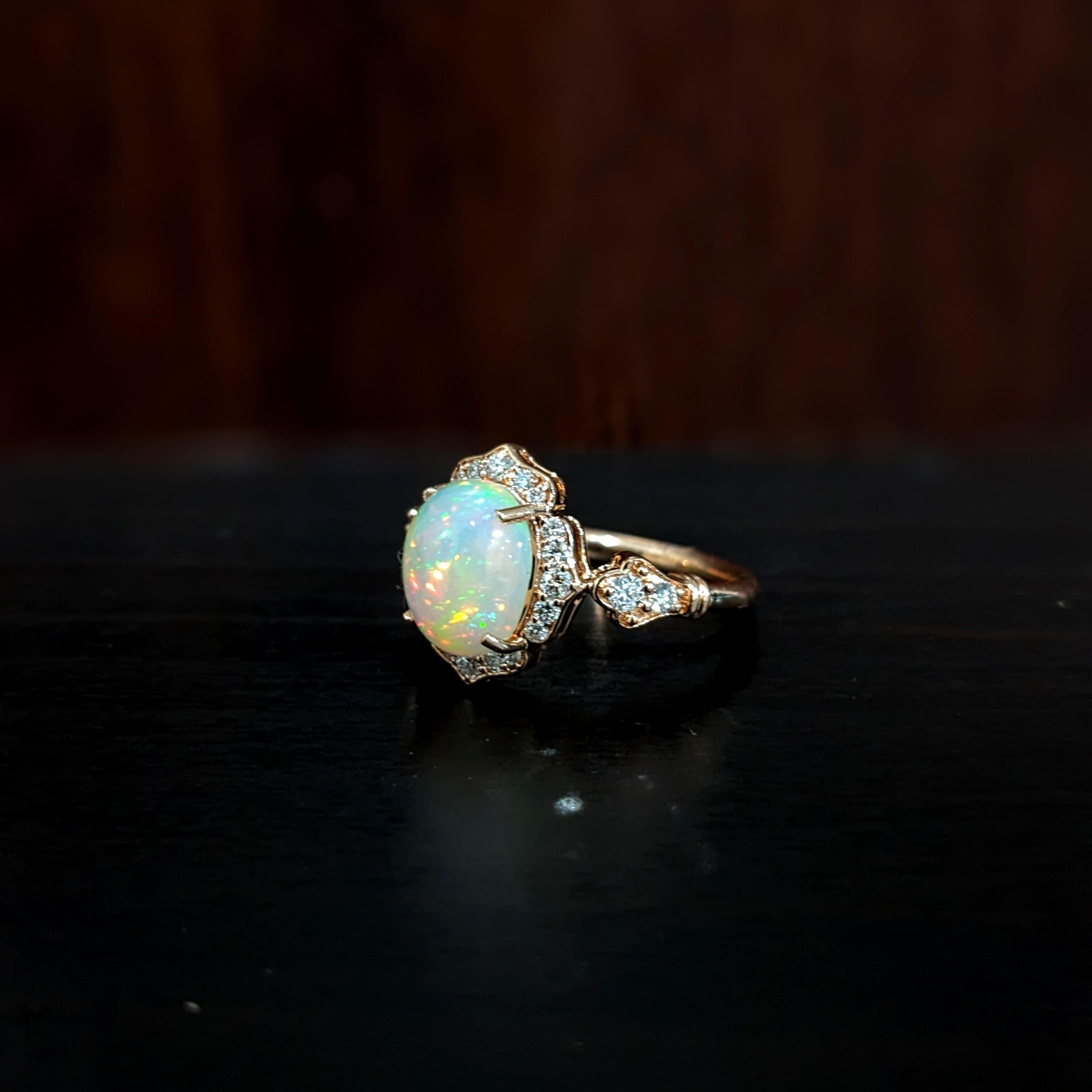 1.8ct Opal Ring w Earth Mined Diamonds in Solid 14K Gold | Oval 9x7mm