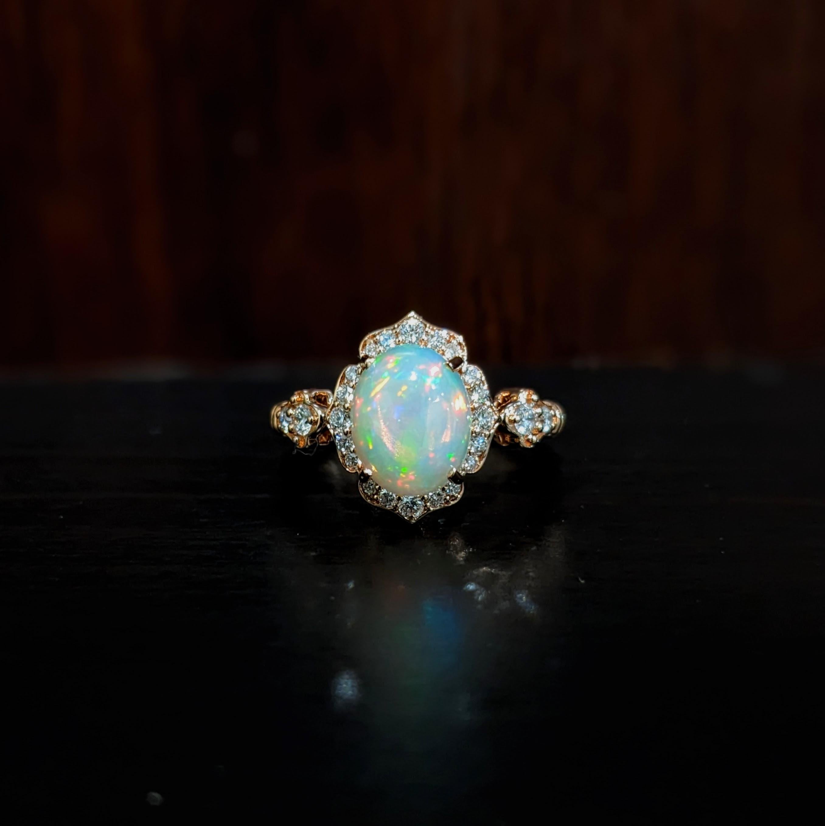 1.8ct Opal Ring w Earth Mined Diamonds in Solid 14K Gold | Oval 9x7mm