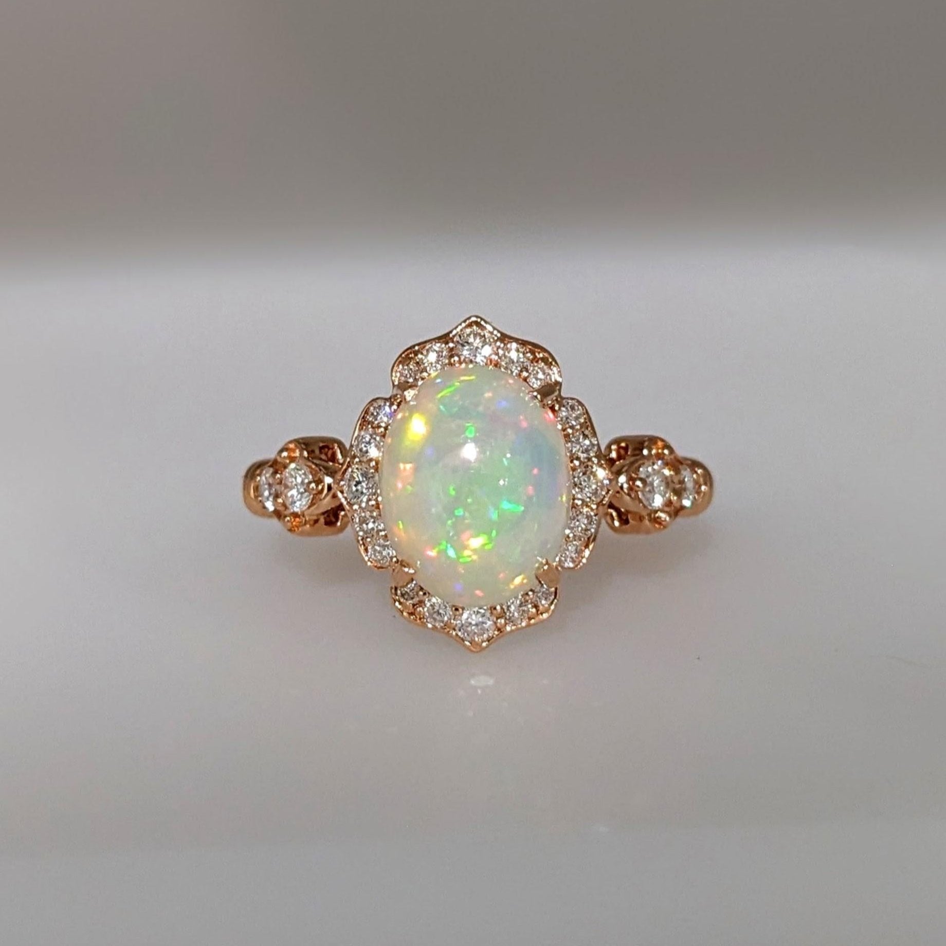 1.8ct Opal Ring w Earth Mined Diamonds in Solid 14K Gold | Oval 9x7mm