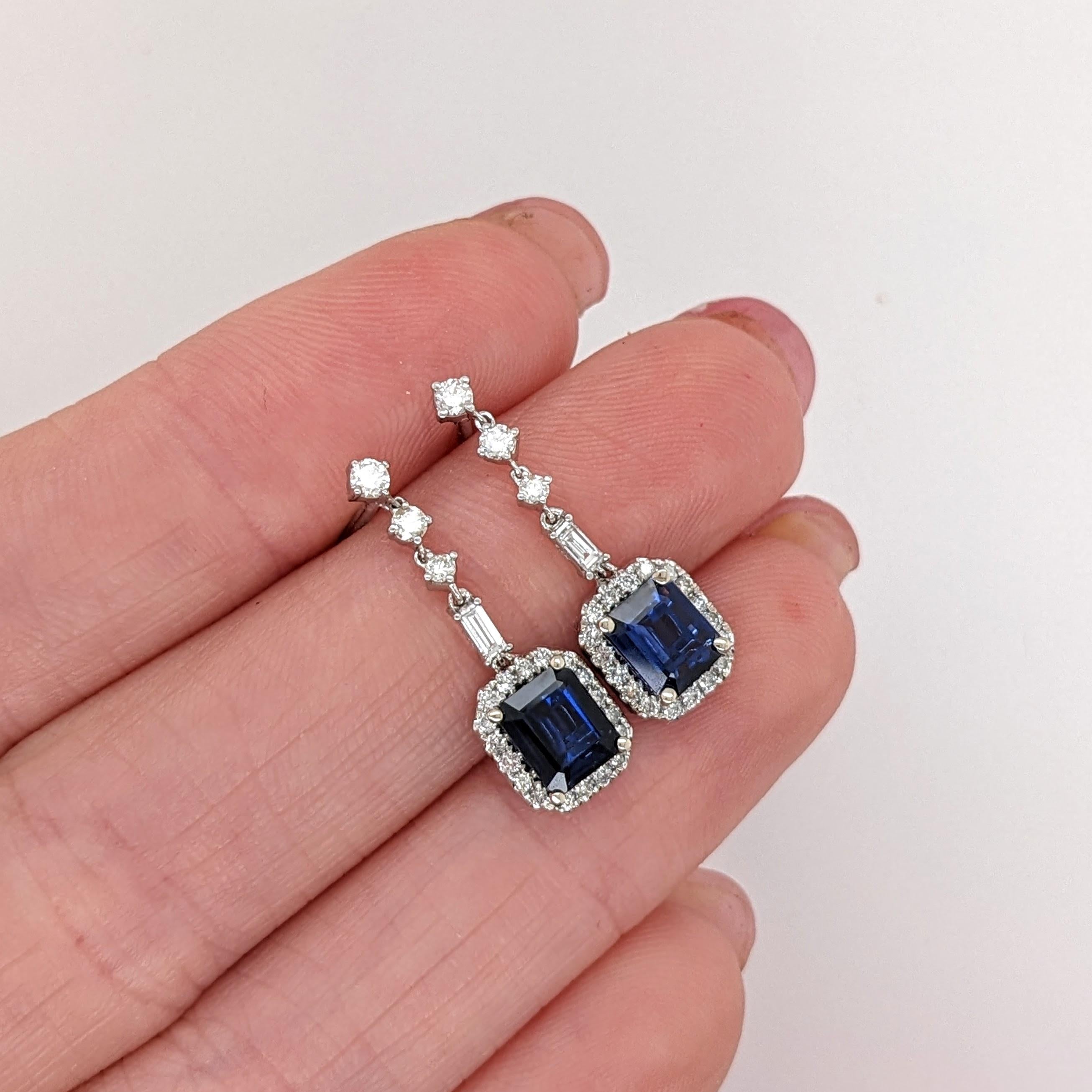 Blue Sapphire Dangle Earrings w Earth Mined Diamonds in Solid 14K Gold | EM 6x5