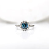 Vintage Style Blue Diamond Ring w Earth Mined Diamonds in Solid 14K White Gold | Round 6mm