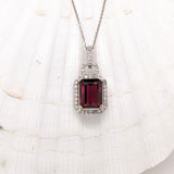 2.7ct Rhodolite Garnet Pendant w Earth Mined Diamonds in Solid 14K Gold | Emerald cut 9x7mm