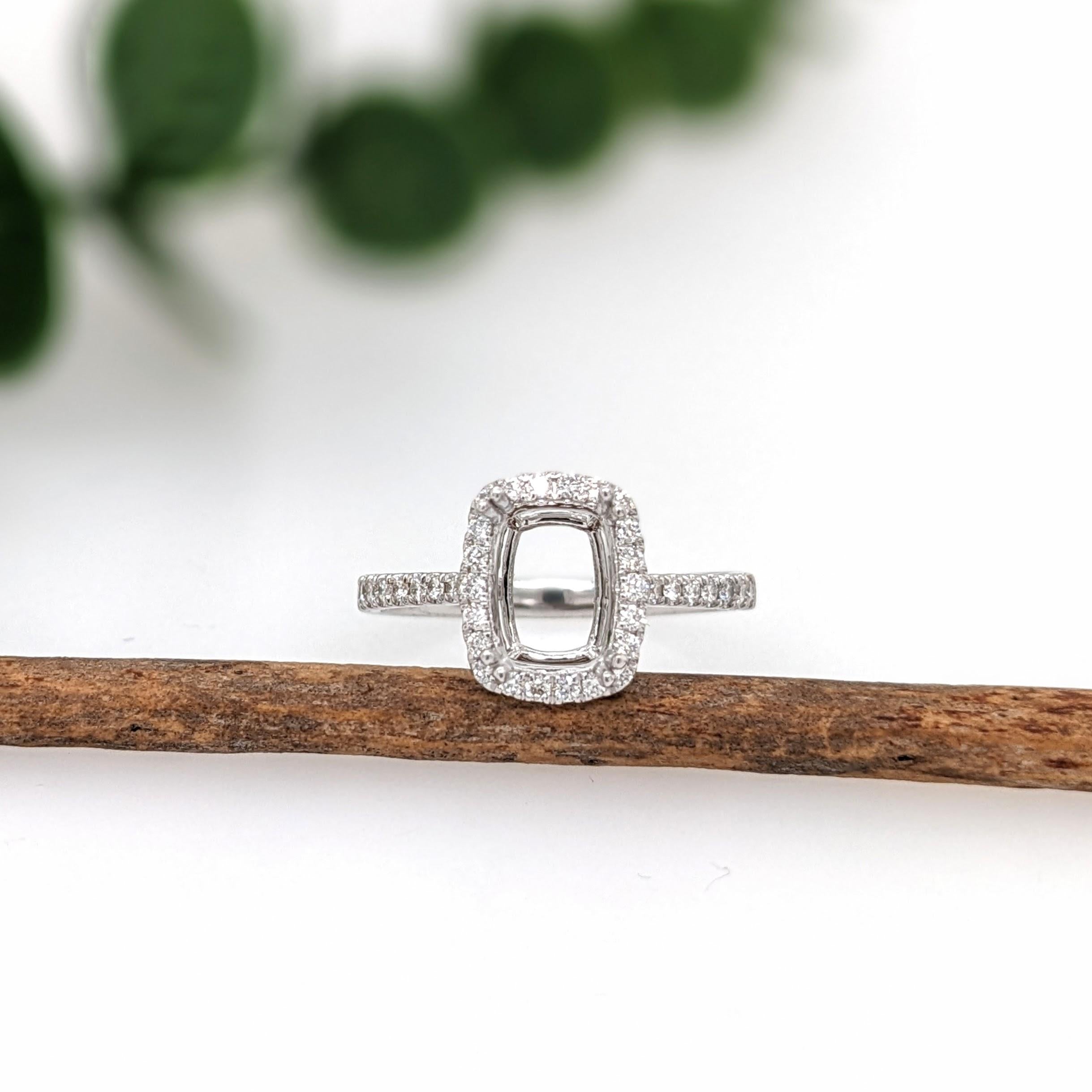 Ring Semi Mount w Earth Mined Diamonds in Solid 14K Gold | Cushion 8x6mm