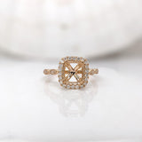 Ring Semi Mount w Earth Mined Diamonds in Solid 14K Gold | Cushion 8x7mm