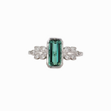 1ct Green Tourmaline Ring w Earth Mined Diamonds in Solid 14K White Gold | Emerald Cut 9x4mm