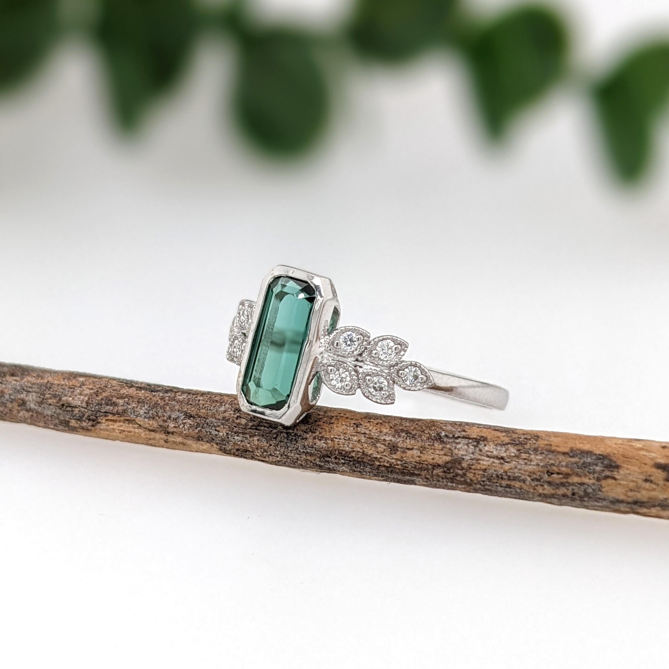 1ct Green Tourmaline Ring w Earth Mined Diamonds in Solid 14K Gold | EM 9x4mm