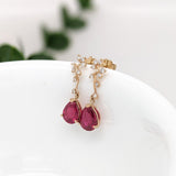 Red Ruby Vine Earrings w Earth Mined Diamonds in Solid 14K Gold | Pear 9x7mm