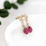 Red Ruby Vine Earrings w Earth Mined Diamonds in Solid 14K Gold | Pear 9x7mm