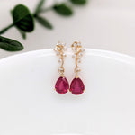 Red Ruby Vine Earrings w Earth Mined Diamonds in Solid 14K Gold | Pear 9x7mm