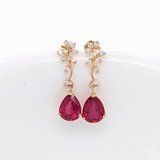 Red Ruby Vine Earrings w Earth Mined Diamonds in Solid 14K Yellow Gold | Pear Shape 9x7mm | Dangle Earrings