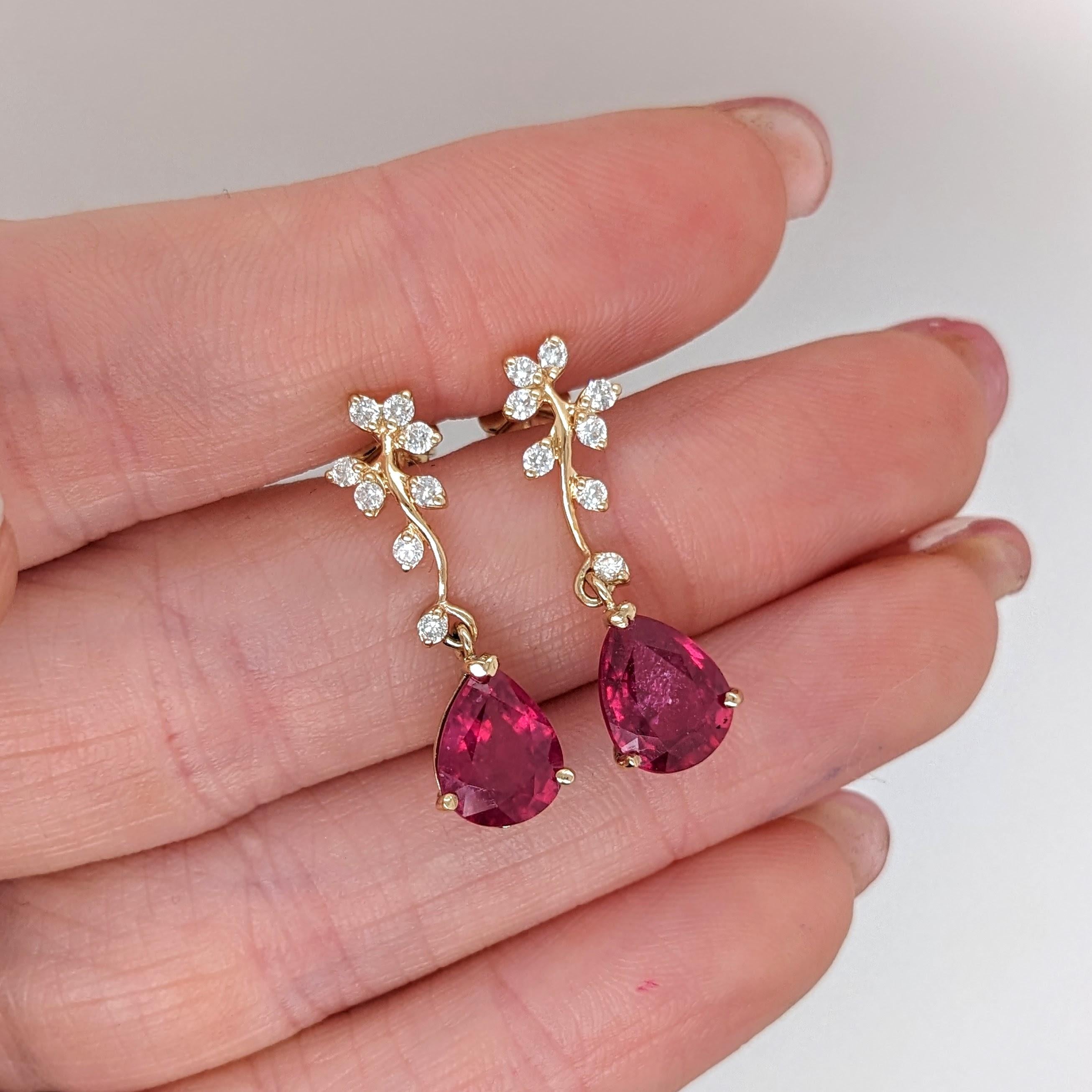 Red Ruby Vine Earrings w Earth Mined Diamonds in Solid 14K Gold | Pear 9x7mm