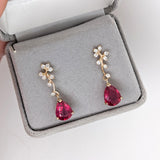 Red Ruby Vine Earrings w Earth Mined Diamonds in Solid 14K Gold | Pear 9x7mm