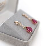 Red Ruby Vine Earrings w Earth Mined Diamonds in Solid 14K Gold | Pear 9x7mm