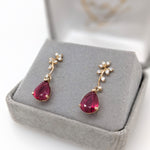 Red Ruby Vine Earrings w Earth Mined Diamonds in Solid 14K Gold | Pear 9x7mm